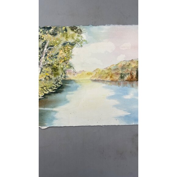 Hand-Painted Watercolor Landscape Art nature green blue On Textured Paper 15x11" - Picture 3 of 4